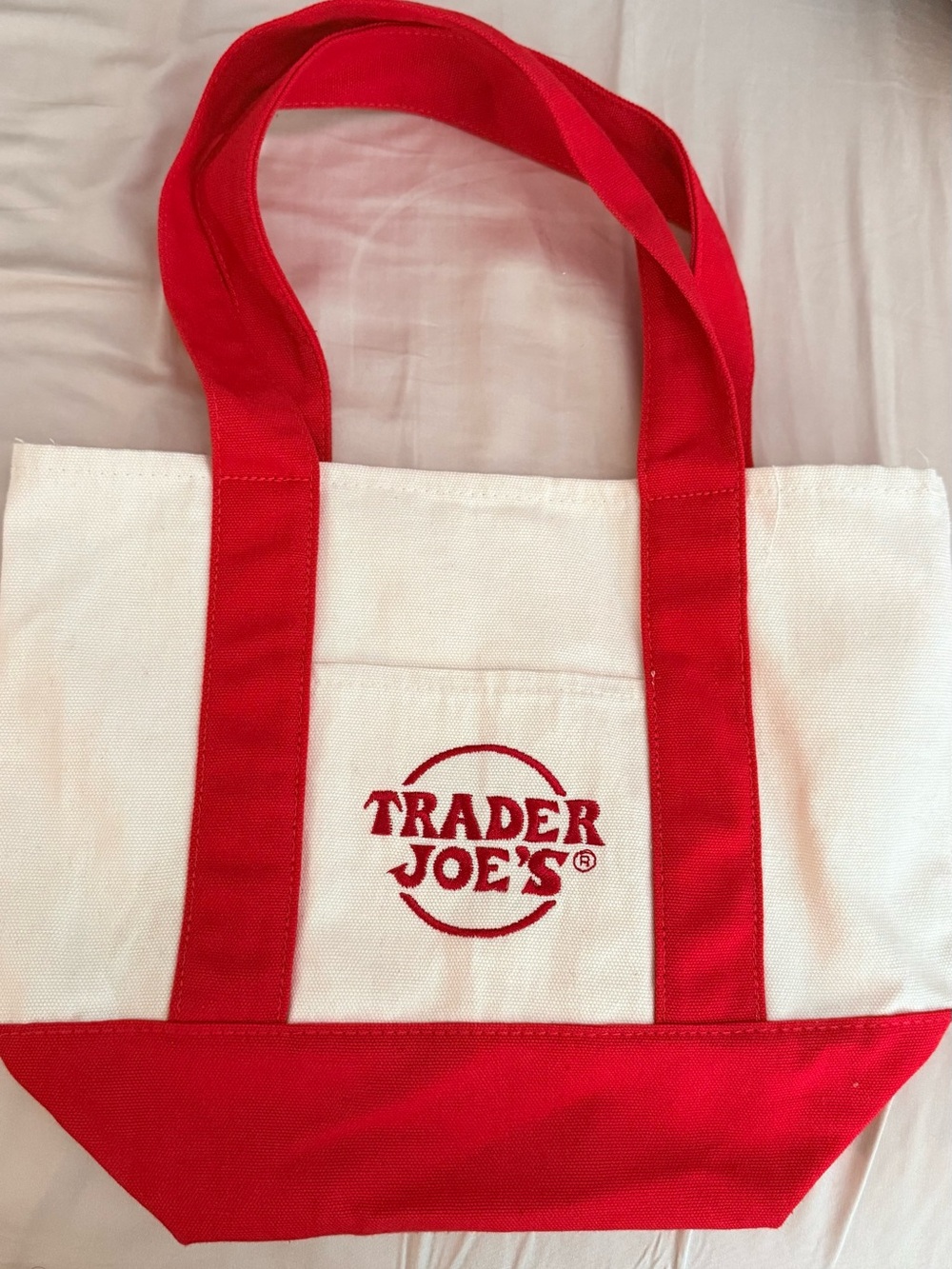 Red & tan Trader Joeās mini Canvas Tote Bag